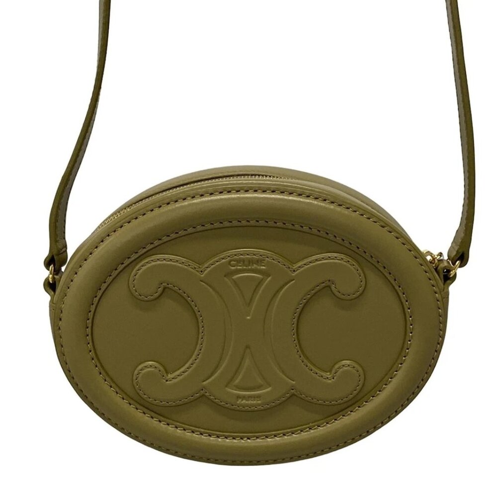 CELINE Crossbody Oval Purse Cuir Triomphe Khaki Smooth Calfskin 914-070125 - Picture 2 of 14